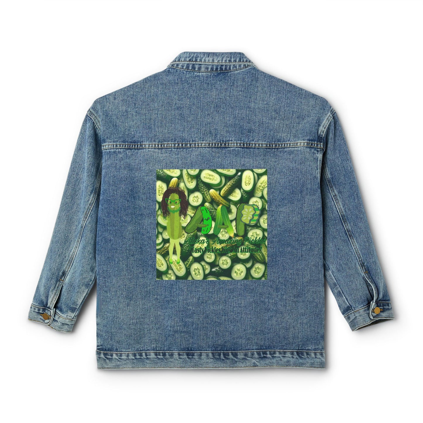 Denim Jacket, Aliska's Amazing Pickle Partners, Women's Jean Jacket, Pickle Lover Gift, Foodie Jacket, Food Lover Gift