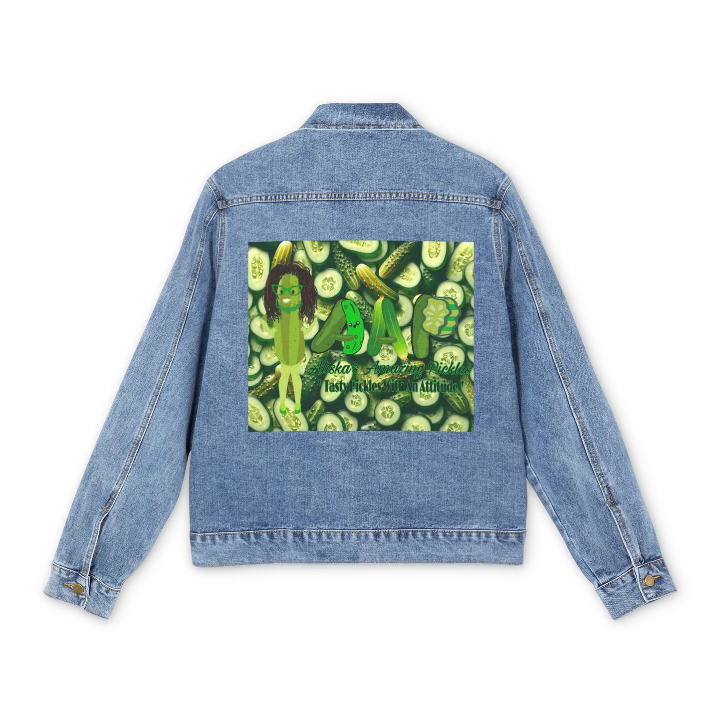 Denim Jacket, Mucho Madness Pickling Out as Aliska's Amazing Pickling Partners, Men's Outerwear, Gift for Pickle Enthusiasts, Foodie