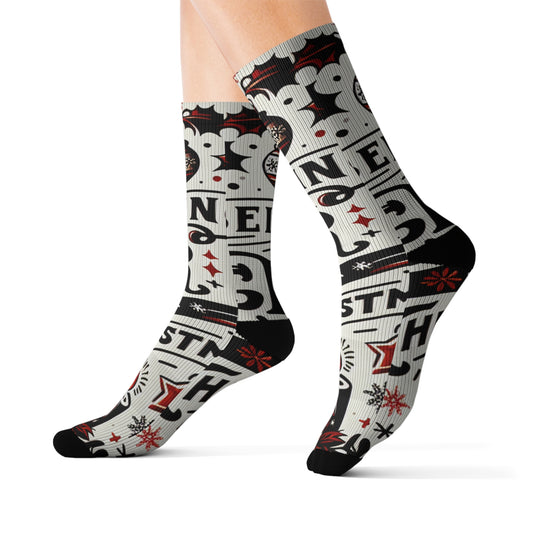 Christmas Sublimation Socks, Festive Holiday Cheer, Xmas Stocking Stuffers, Winter Apparel, Gift for Him Her, Novelty Footwear