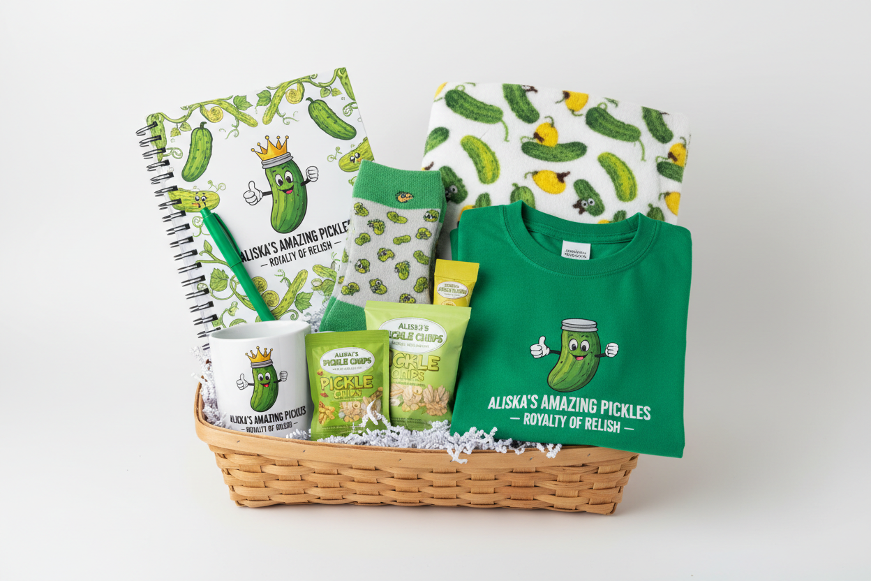 create me a basket with pickle theme things from aliska's amazing pickles that included in the basket such as: Aliska's Amazing pickle notebook, pen, Pickle socks, pickle mug, pickle fleece blanket, Pickle tshirt, pickle chips, pickle sunflower seeds with baskets from dollar tree 